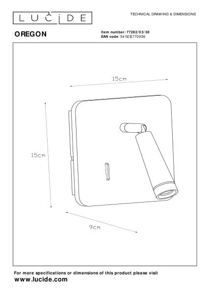 Lucide OREGON - Bedside lamp / Wall light - LED - 1x4W 3000K - With USB charging point - Black - technical